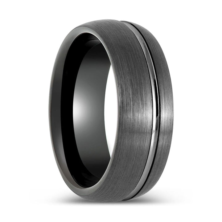 GRITEDGE | Black Tungsten Ring, Gun Metal with Domed Brushed Off-Center Groove - Rings - Aydins Jewelry - 1