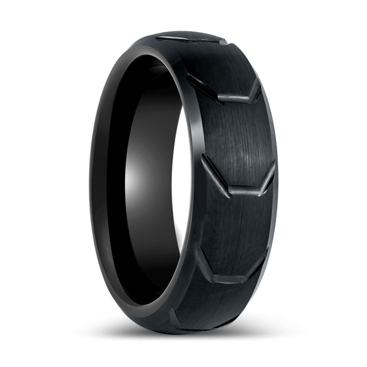 GRYPHON| Black Tungsten Ring with Tire Thread Center Beveled Edge - Ring - Aydins Jewelry - 1