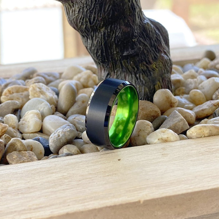 GUMBY | Green Ring, Black Tungsten Ring, Brushed, Beveled - Rings - Aydins Jewelry - 7