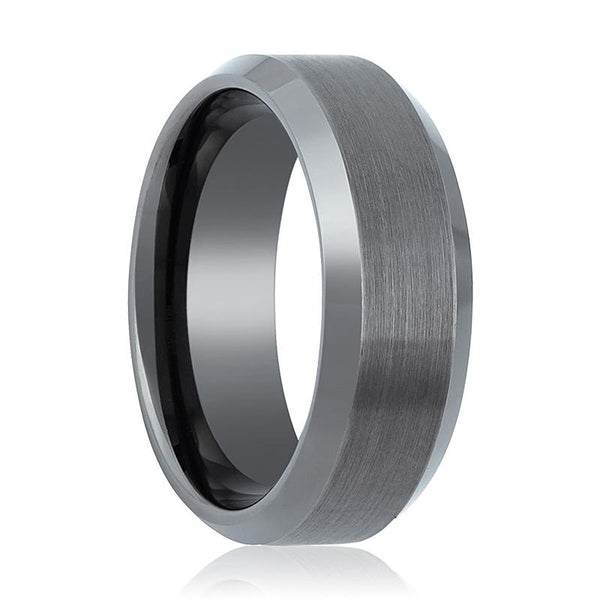 Gun Metal Brushed Men's Tungsten Wedding Band with Beveled Edges - 8MM - Rings - Aydins Jewelry
