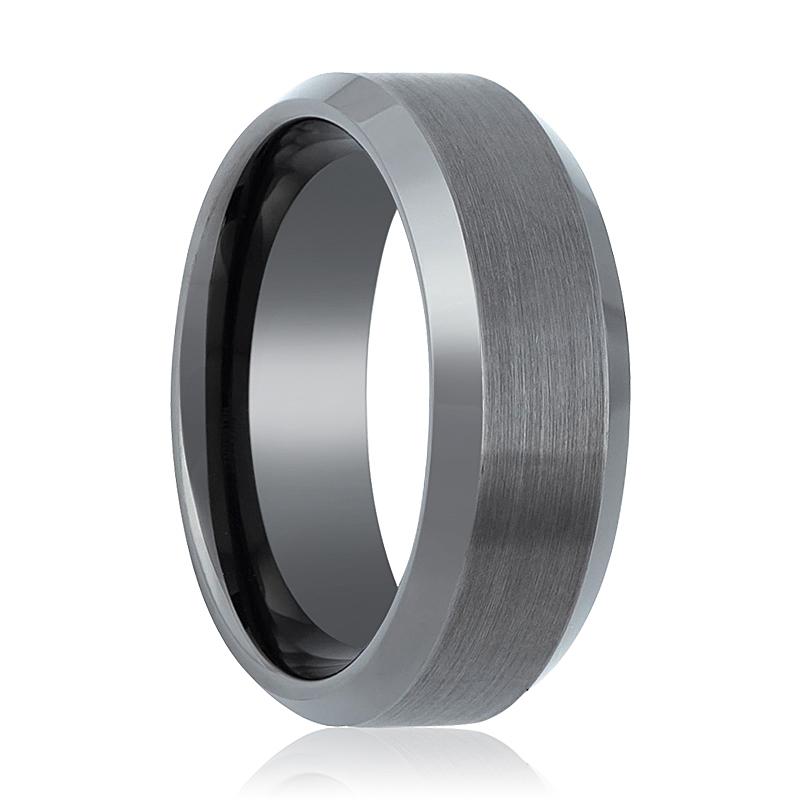 AXINGTON | Gun Metal Tungsten Ring, Brushed, Beveled Edge - Rings - Aydins Jewelry - 1