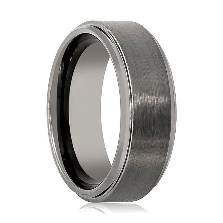 Gun Metal Brushed Men's Tungsten Wedding Ring with Stepped Beveled Edges - Rings - Aydins Jewelry