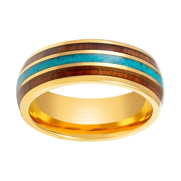 GUNNAR | Gold Tungsten Ring, Rosewood & Crushed Turquoise Inlay, Domed - Rings - Aydins Jewelry - 3