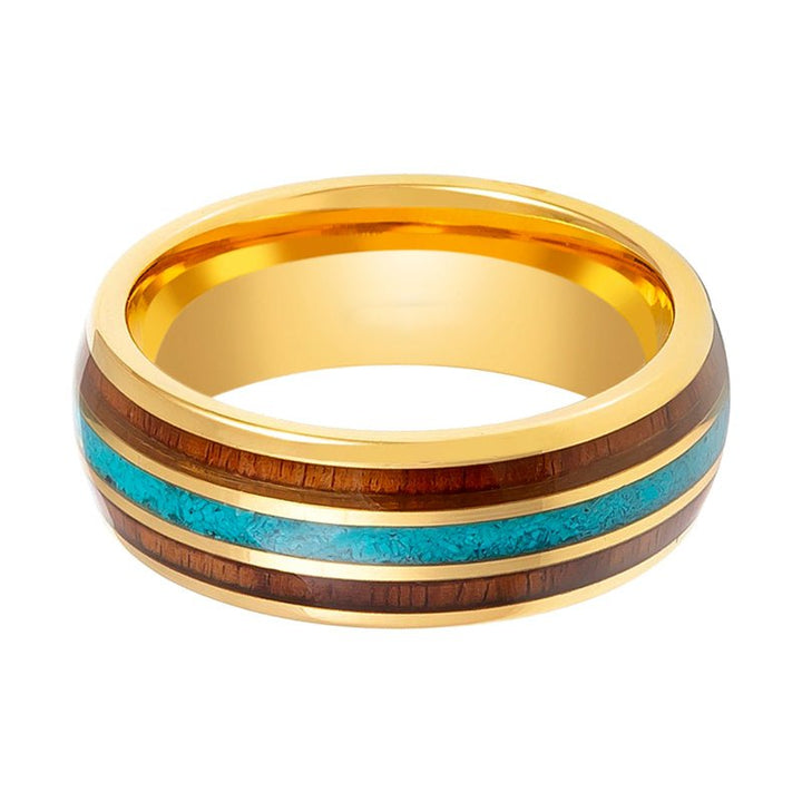 GUNNAR | Gold Tungsten Ring, Rosewood & Crushed Turquoise Inlay, Domed - Rings - Aydins Jewelry - 2