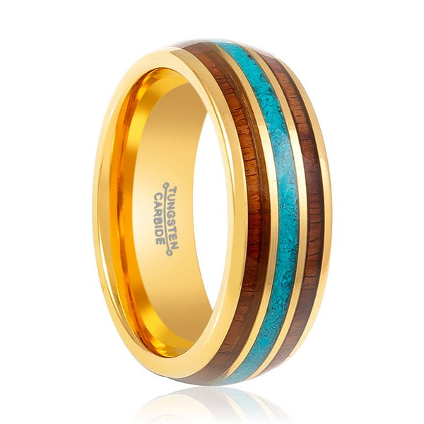 GUNNAR | Gold Tungsten Ring, Rosewood & Crushed Turquoise Inlay, Domed - Rings - Aydins Jewelry - 1