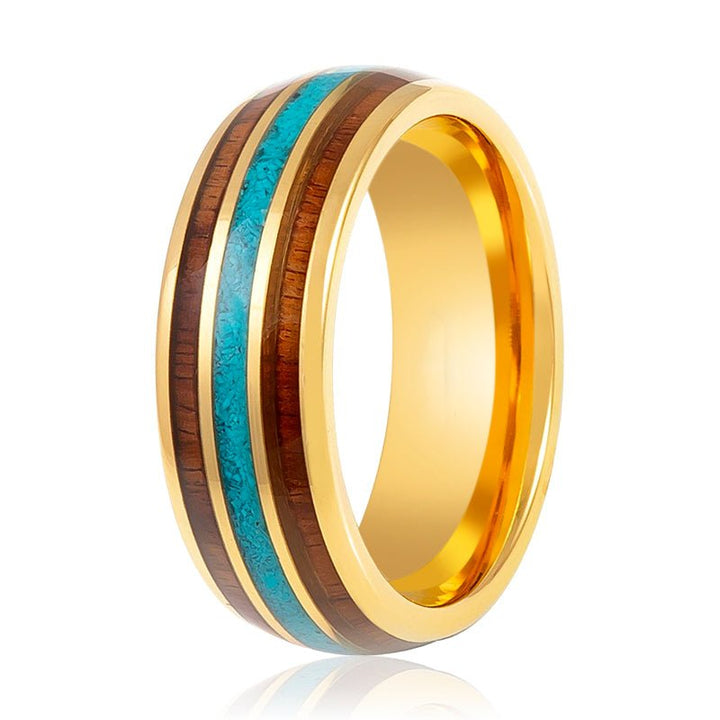 GUNNAR | Gold Tungsten Ring, Rosewood & Crushed Turquoise Inlay, Domed - Rings - Aydins Jewelry - 4