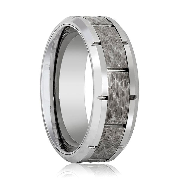 GURNEY | Silver Tungsten Ring, Hammered, Notches, Beveled - Rings - Aydins Jewelry - 1