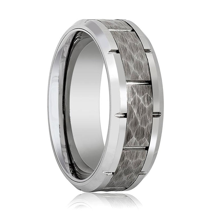 GURNEY | Silver Tungsten Ring, Hammered, Notches, Beveled