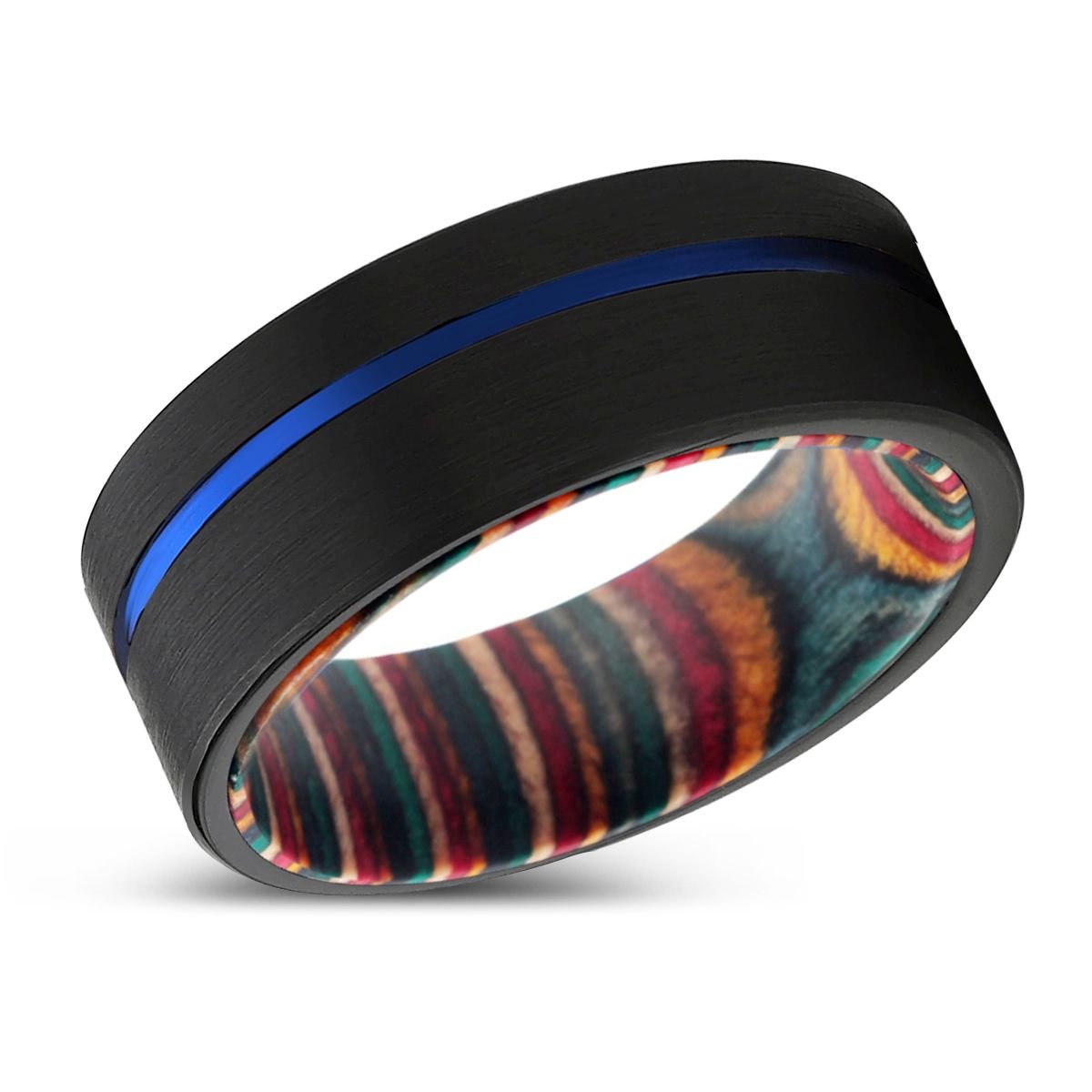 GUST | Multi Color Wood, Black Tungsten Ring, Blue Offset Groove, Flat - Rings - Aydins Jewelry - 2