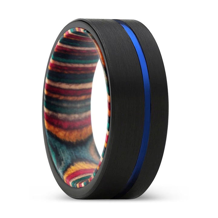 GUST | Multi Color Wood, Black Tungsten Ring, Blue Offset Groove, Flat - Rings - Aydins Jewelry - 1