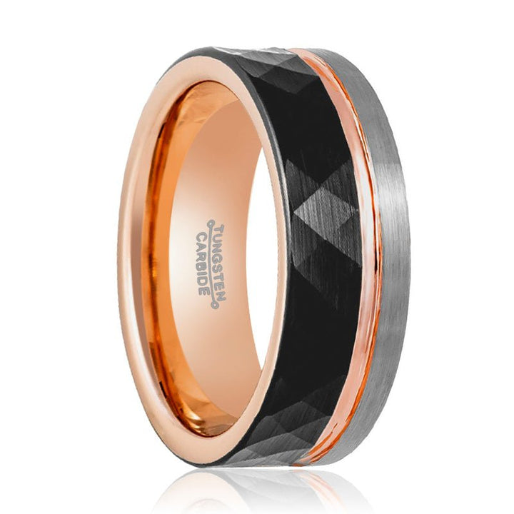 GUSTAVO | Rose Gold Tungsten Ring, Black Faceted, Flat - Rings - Aydins Jewelry - 1