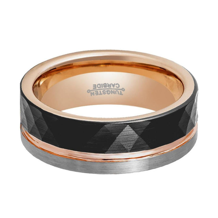 GUSTAVO | Rose Gold Tungsten Ring, Black Faceted, Flat - Rings - Aydins Jewelry - 3