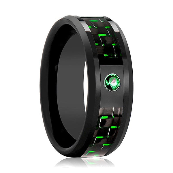 HADAR | Black Ceramic Ring, Green Emerald Stone, Green Carbon Fiber, Beveled - Rings - Aydins Jewelry - 1