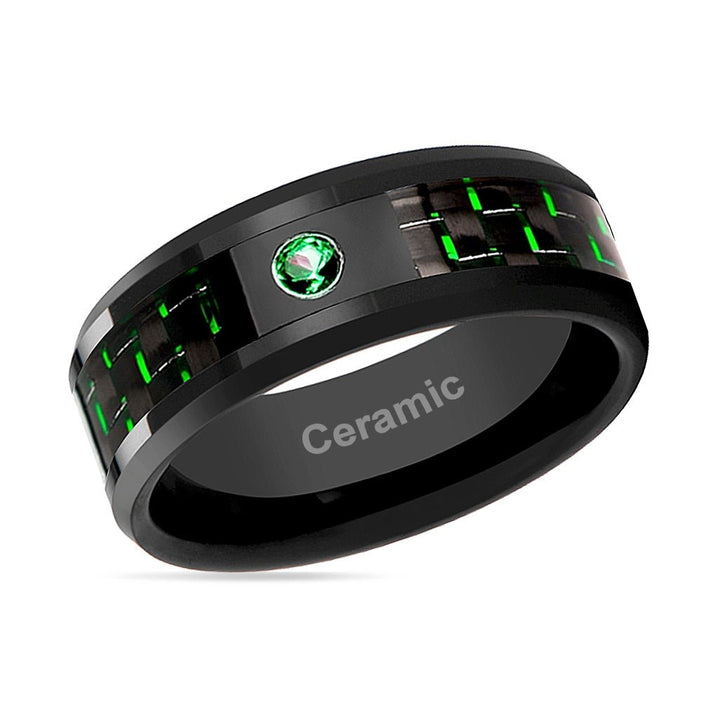 HADAR | Black Ceramic Ring, Green Emerald Stone, Green Carbon Fiber, Beveled - Rings - Aydins Jewelry - 2