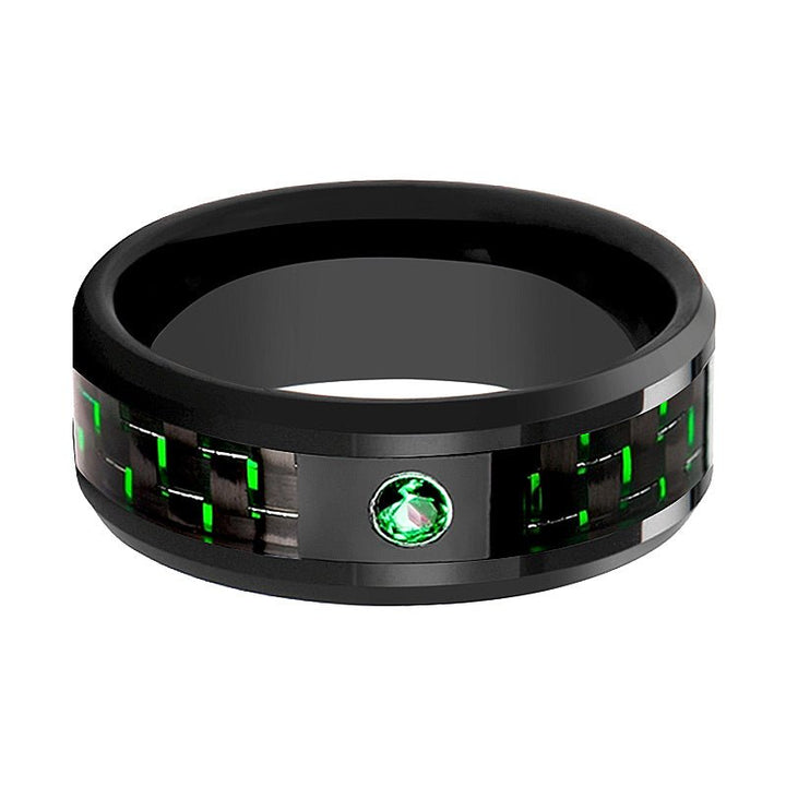 HADAR | Black Ceramic Ring, Green Emerald Stone, Green Carbon Fiber, Beveled - Rings - Aydins Jewelry - 4