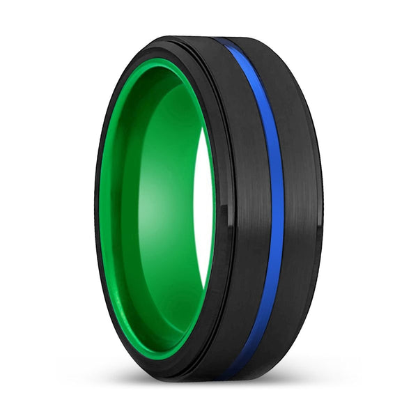 HALBERD | Green Ring, Black Tungsten Ring, Blue Groove, Stepped Edge