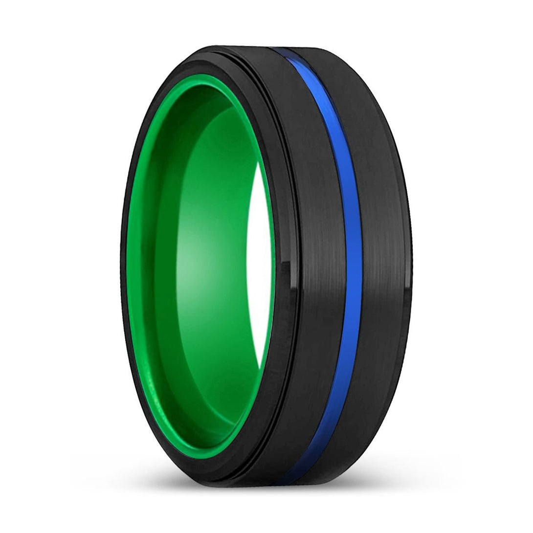 HALBERD | Green Ring, Black Tungsten Ring, Blue Groove, Stepped Edge - Rings - Aydins Jewelry - 1