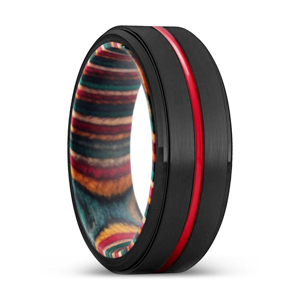 HANDSOME | Multi Color Wood, Black Tungsten Ring, Red Groove, Stepped Edge - Rings - Aydins Jewelry - 1