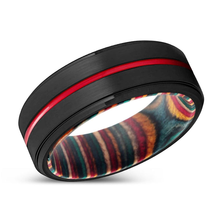 HANDSOME | Multi Color Wood, Black Tungsten Ring, Red Groove, Stepped Edge - Rings - Aydins Jewelry - 2