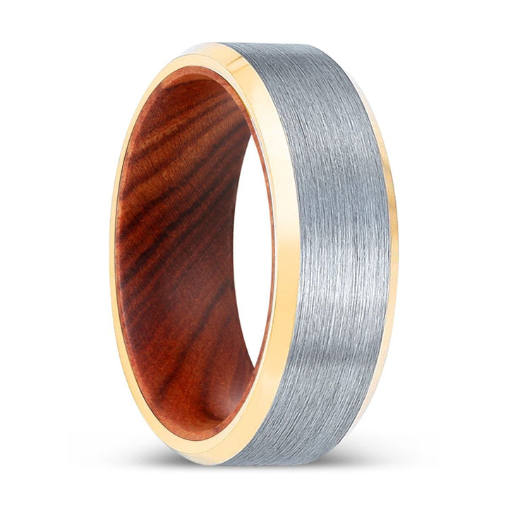 HARDTALON | IRON Wood, Brushed, Silver Tungsten Ring, Gold Beveled Edges - Rings - Aydins Jewelry - 1