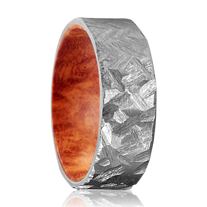 HARKIN | Red Burl Wood, Silver Titanium Ring, Hammered, Flat - Rings - Aydins Jewelry - 1