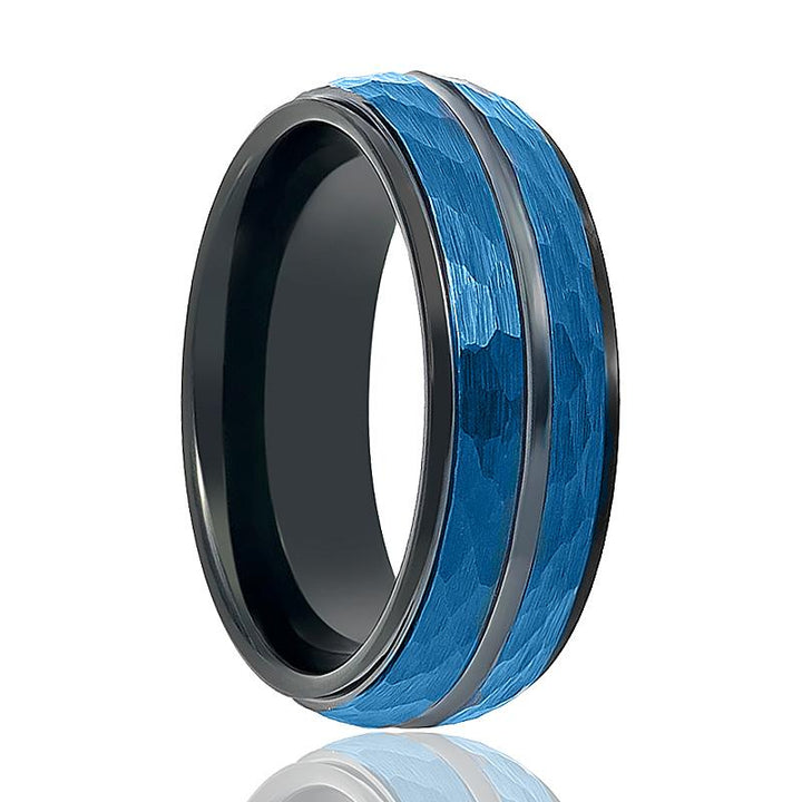 HARLO | Black Tungsten Ring, Blue Hammered, Black Groove, Stepped Edge