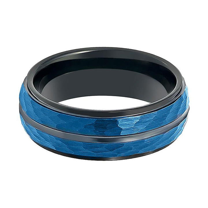 HARLO | Black Tungsten Ring, Blue Hammered, Black Groove, Stepped Edge - Rings - Aydins Jewelry - 2