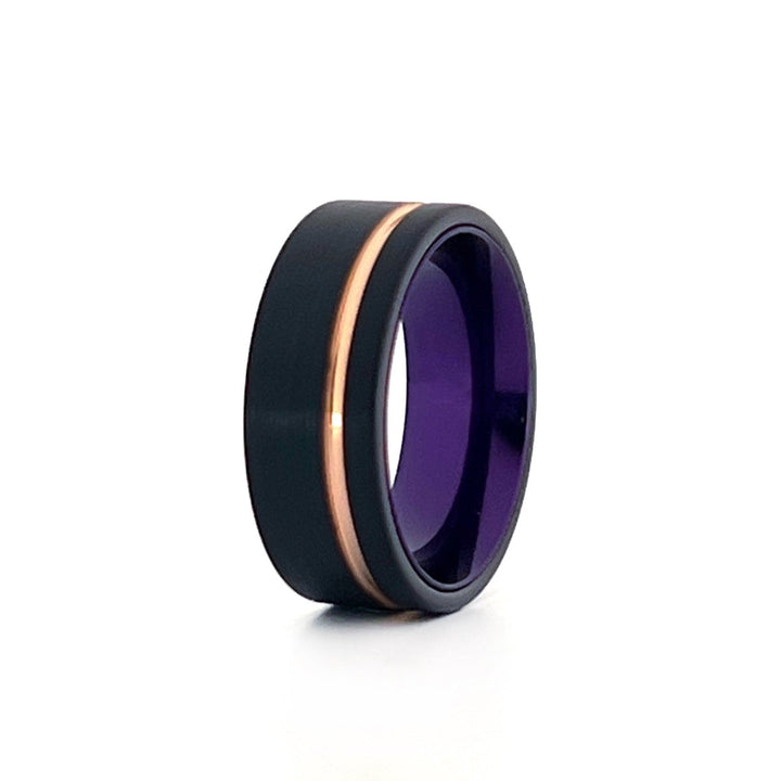 HARMONY | Purple Ring, Black Tungsten Ring, Rose Gold Offset Groove, Brushed, Flat - Rings - Aydins Jewelry - 3