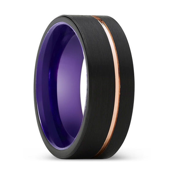 HARMONY | Purple Ring, Black Tungsten Ring, Rose Gold Offset Groove, Brushed, Flat