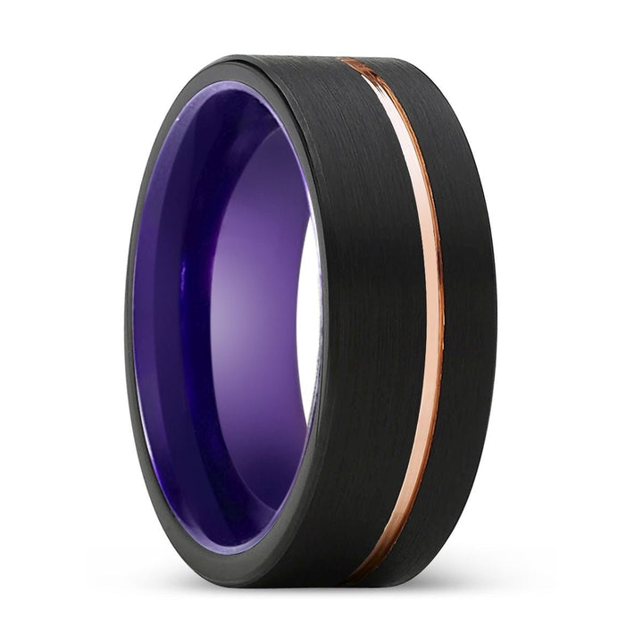 HARMONY | Purple Ring, Black Tungsten Ring, Rose Gold Offset Groove, Brushed, Flat - Rings - Aydins Jewelry - 1