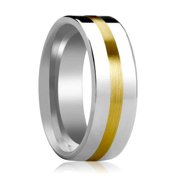 HARRISBURG | Silver Tungsten Ring, 14k Yellow Gold Stripe Inlay, Flat - Rings - Aydins Jewelry - 1
