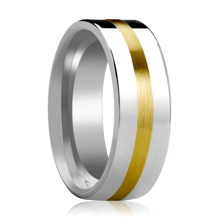 HARRISBURG | Silver Tungsten Ring, 14k Yellow Gold Stripe Inlay, Flat