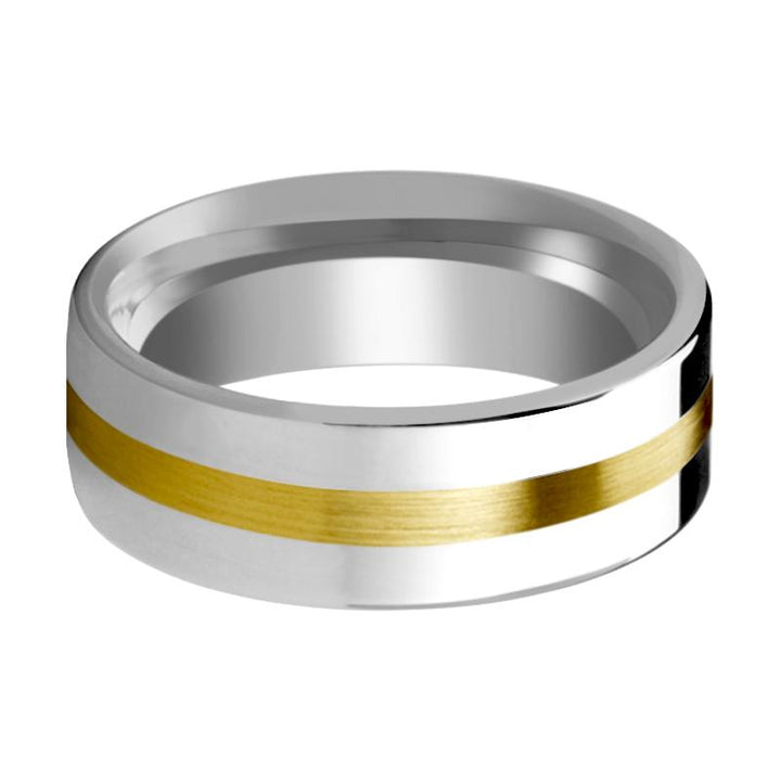 HARRISBURG | Silver Tungsten Ring, 14k Yellow Gold Stripe Inlay, Flat - Rings - Aydins Jewelry - 2