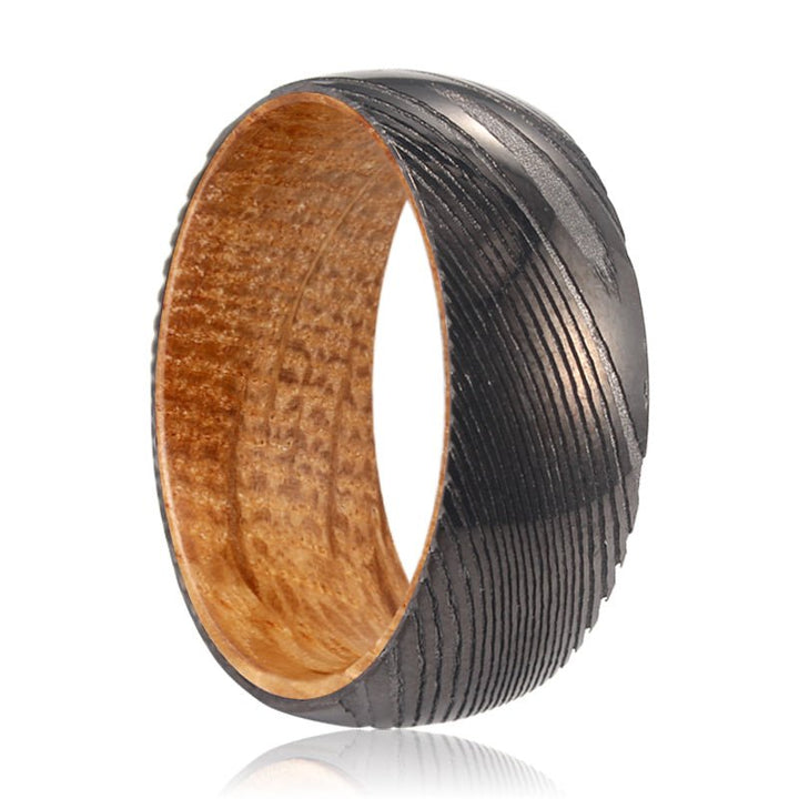 HARROD | Whiskey Barrel Wood, Gunmetal Damascus Steel Ring, Domed - Rings - Aydins Jewelry - 1