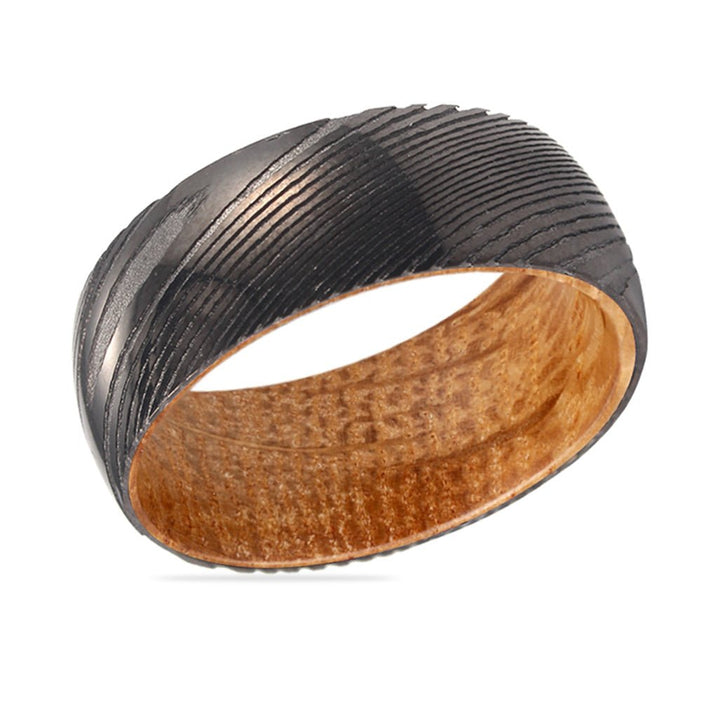 HARROD | Whiskey Barrel Wood, Gunmetal Damascus Steel Ring, Domed - Rings - Aydins Jewelry - 2