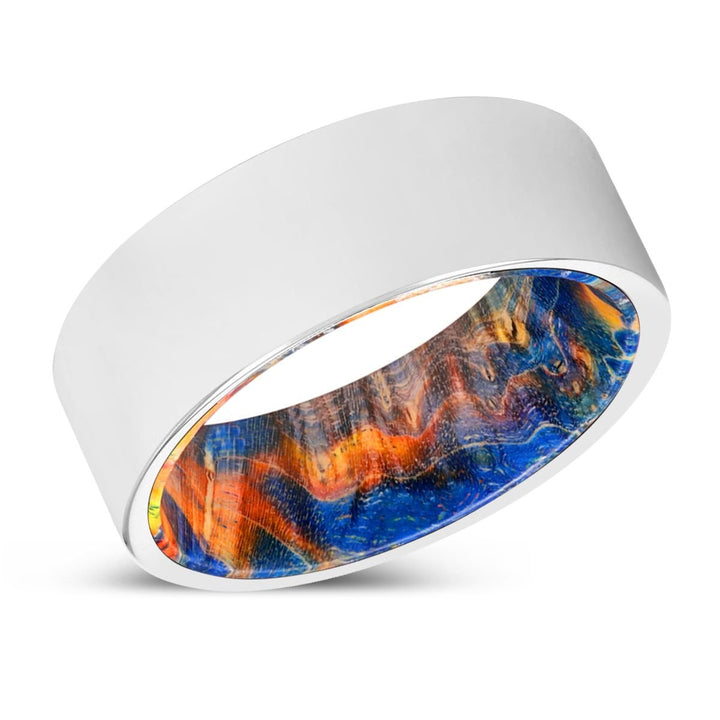 HARTMAN | Blue & Yellow/Orange Wood, Silver Tungsten Ring, Shiny, Flat - Rings - Aydins Jewelry - 2