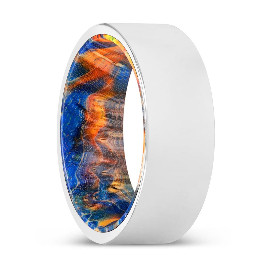 HARTMAN | Blue & Yellow/Orange Wood, Silver Tungsten Ring, Shiny, Flat - Rings - Aydins Jewelry - 1