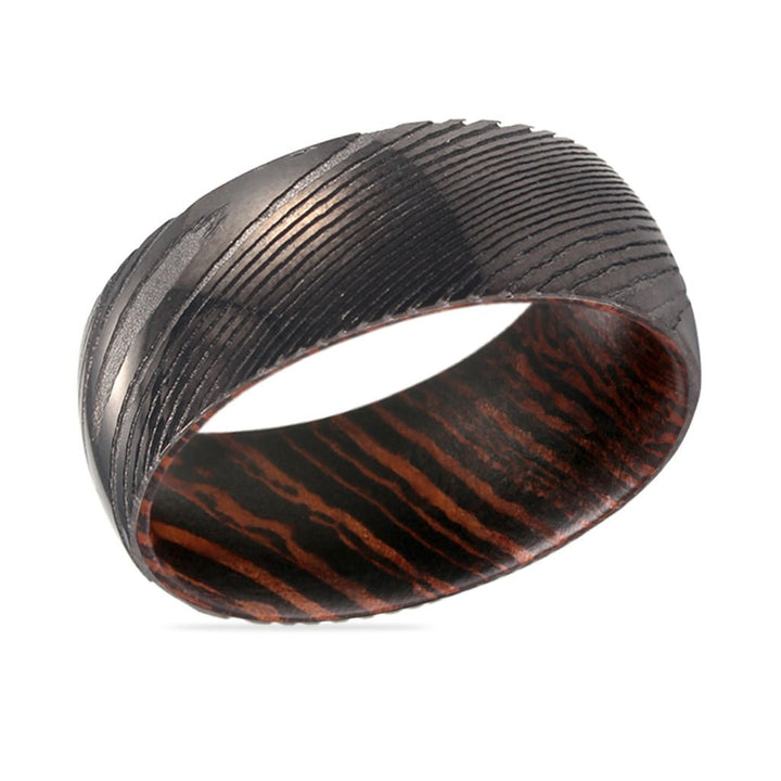 HARVESTER | Wenge Wood, Gunmetal Damascus Steel Ring, Domed - Rings - Aydins Jewelry - 2