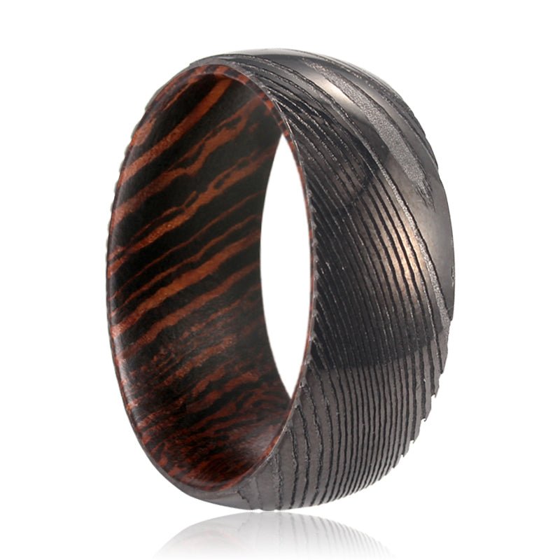 HARVESTER | Wenge Wood, Gunmetal Damascus Steel Ring, Domed - Rings - Aydins Jewelry