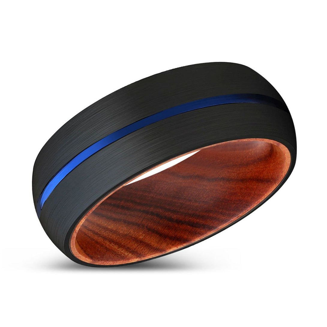 HARVEY | IRON Wood, Black Tungsten Ring, Blue Groove, Domed - Rings - Aydins Jewelry - 2