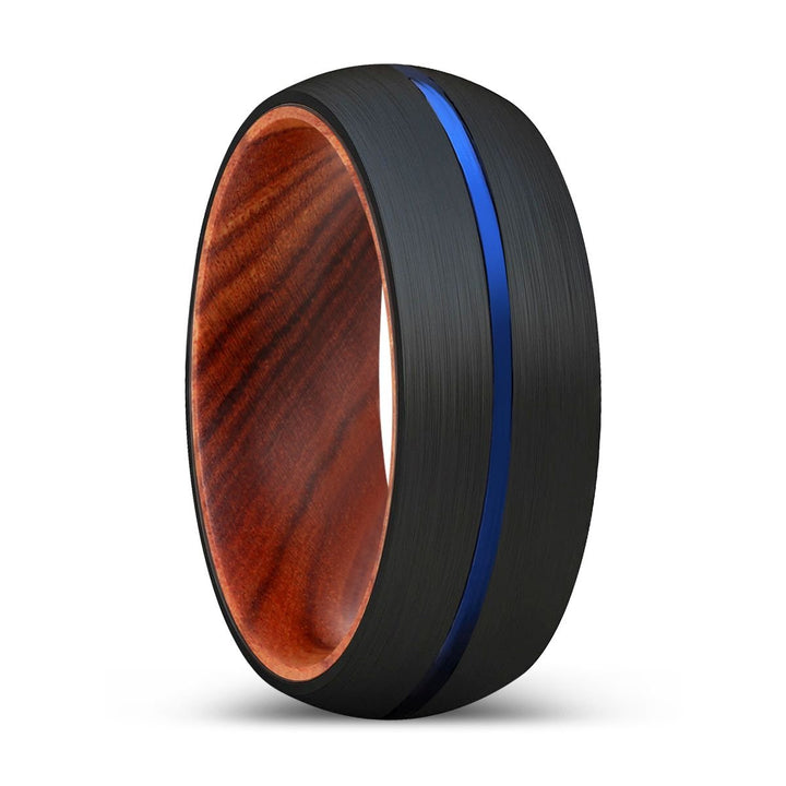 HARVEY | IRON Wood, Black Tungsten Ring, Blue Groove, Domed - Rings - Aydins Jewelry