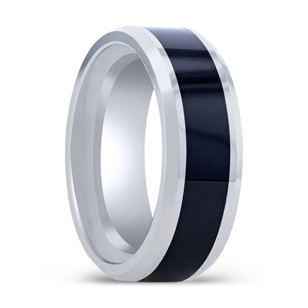 HAWK | Tungsten Ring, Black Ceramic Inlaid, Bevels Edges - Rings - Aydins Jewelry