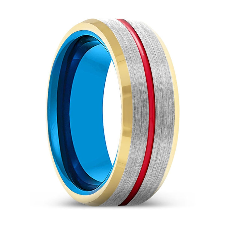 HAWKEYE | Blue Tungsten Ring, Silver Tungsten Ring, Red Groove, Gold Beveled Edge - Rings - Aydins Jewelry - 1