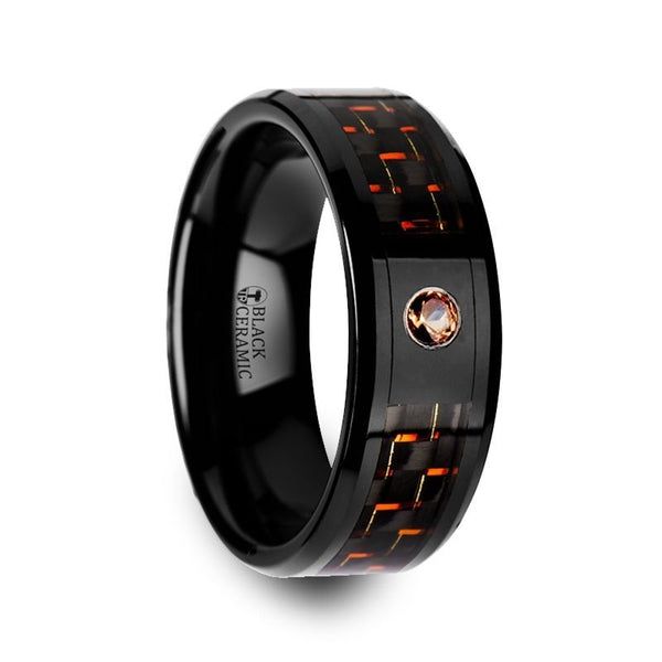 HELSING | Black Ceramic Ring, Orange Padparadscha Stone, Black & Orange Carbon Fiber Inlay, Beveled - Rings - Aydins Jewelry - 1