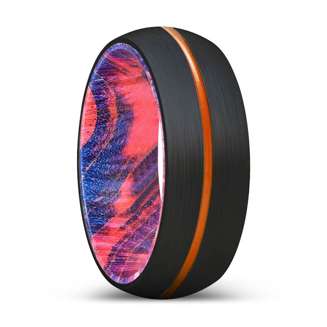 HEMLOC | Blue & Red Wood, Black Tungsten Ring, Orange Groove, Domed - Rings - Aydins Jewelry - 1