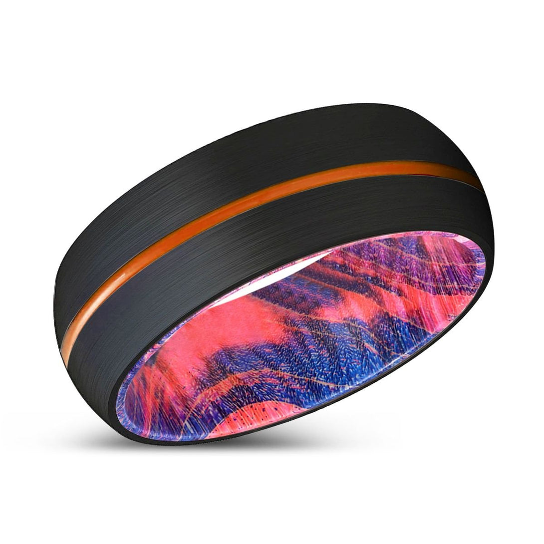 HEMLOC | Blue & Red Wood, Black Tungsten Ring, Orange Groove, Domed - Rings - Aydins Jewelry - 2