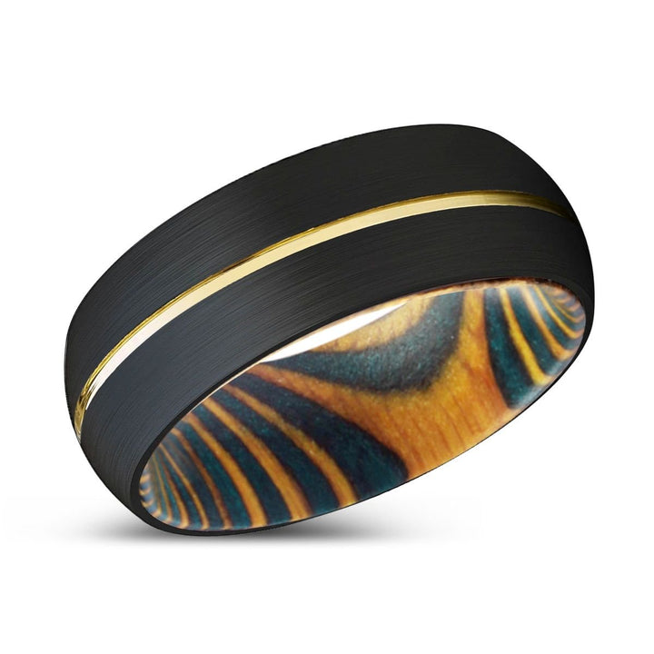 HERMAX | Green & Yellow Wood, Black Tungsten Ring, Gold Groove, Domed - Rings - Aydins Jewelry - 2