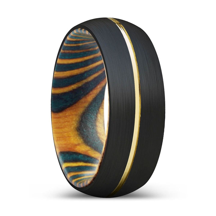 HERMAX | Green & Yellow Wood, Black Tungsten Ring, Gold Groove, Domed - Rings - Aydins Jewelry - 1