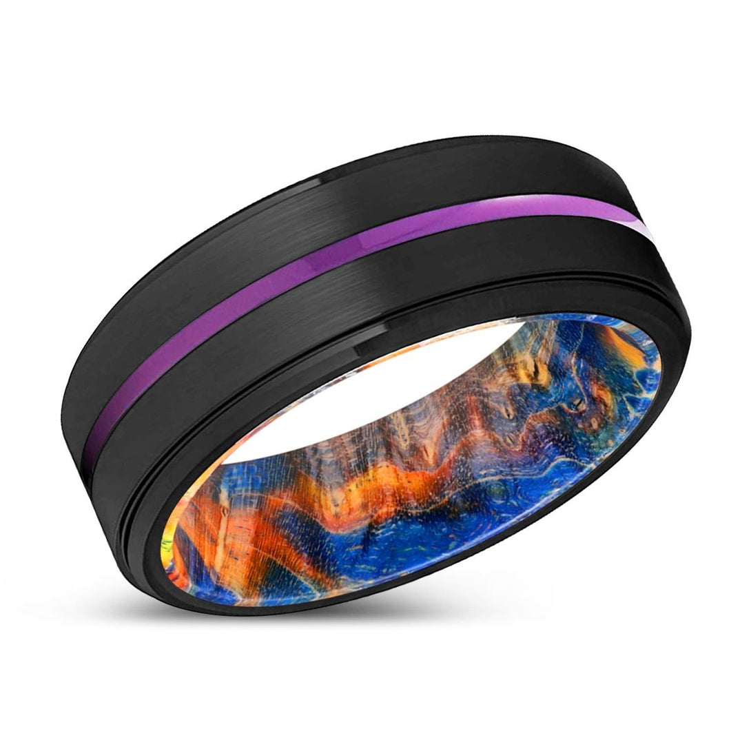 HERVEY | Blue & Yellow/Orange Wood, Black Tungsten Ring, Purple Groove, Stepped Edge - Rings - Aydins Jewelry - 2