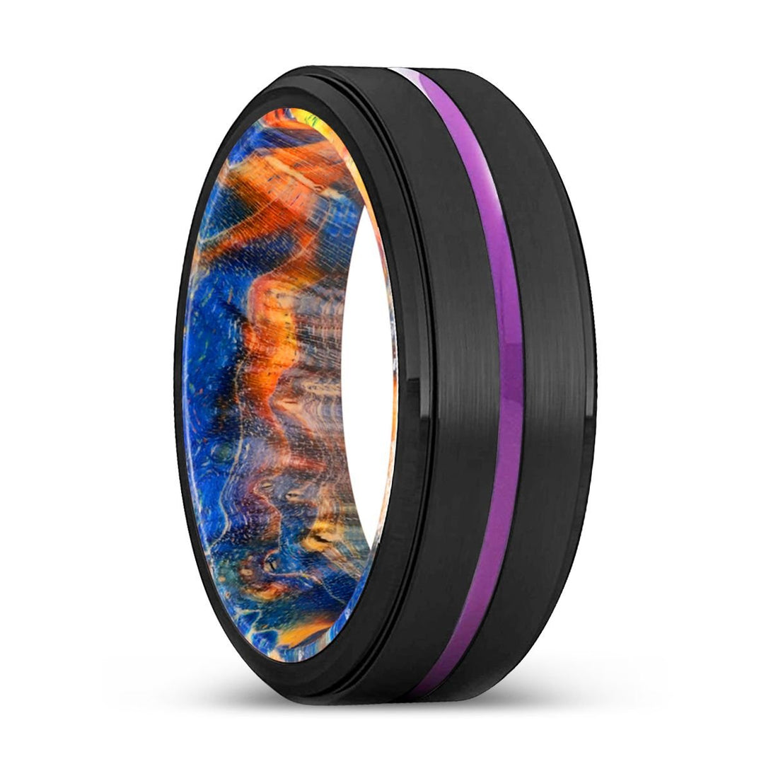 HERVEY | Blue & Yellow/Orange Wood, Black Tungsten Ring, Purple Groove, Stepped Edge - Rings - Aydins Jewelry - 1